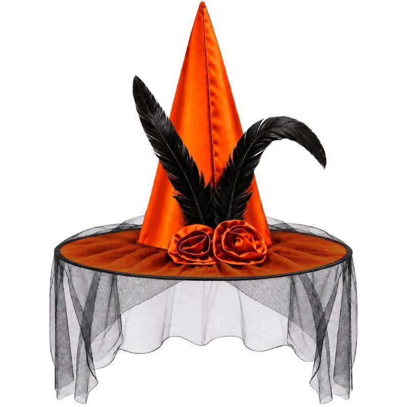 Chapeu de Bruxa Adulta Feminina Com Véu de Luxo pra Fantasia de Halloween Laranja