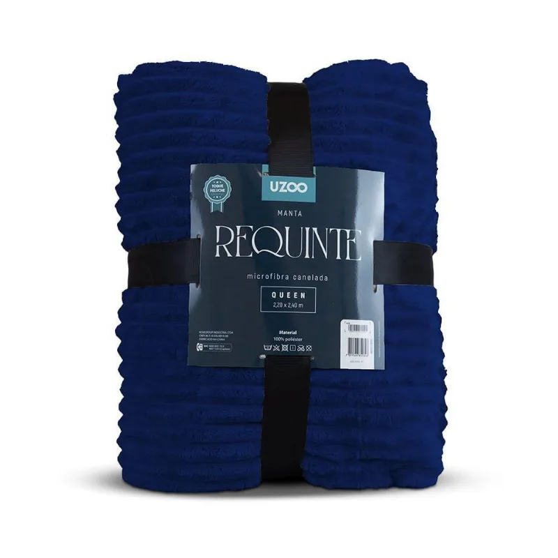 Manta Microfibra Requinte Queen Canelada 220x240cm - Uzoo Manta Microfibra Flannel Requinte Queen Canelada 220x240cm Azul