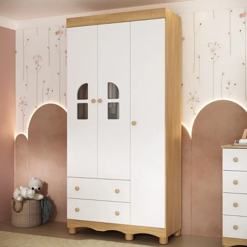 Guarda Roupa Infantil Aurora MP4497 3 Portas de Bater 2 Gavetas MDF MDP Madeirado-branco Multimóveis - Multimóveis - Agro