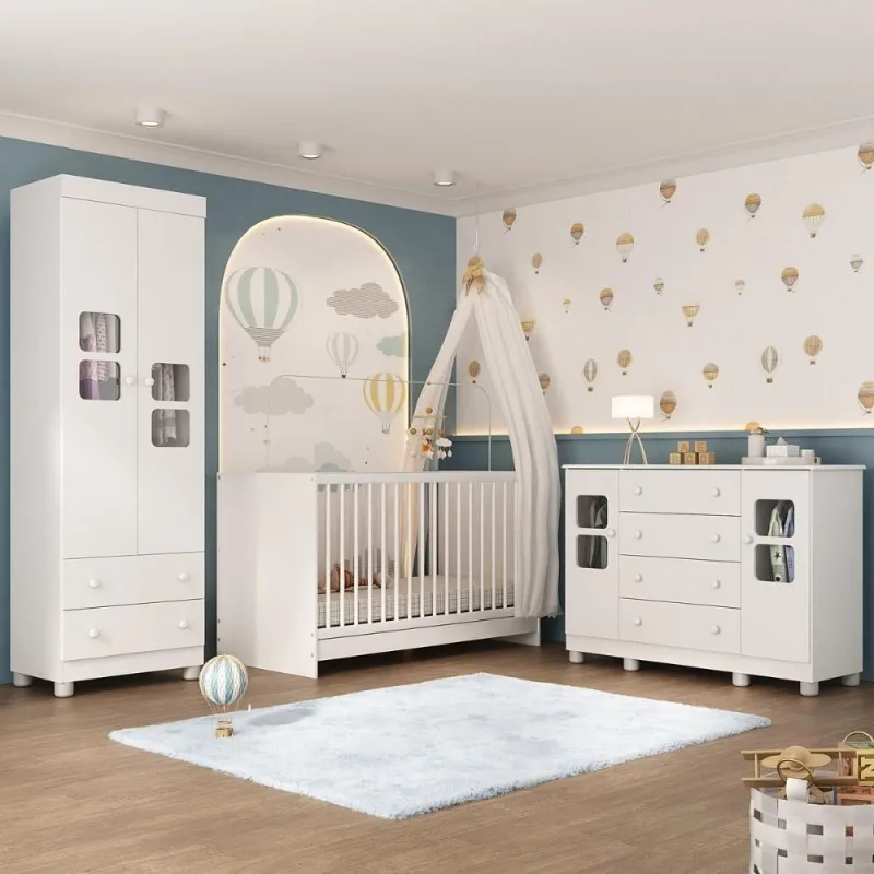 Quarto De Bebê Completo Com Berço 3 Em 1 Para Colchão 130x60cm Sol Multimóveis MP4530 Branco - OUTRAS - Móveis