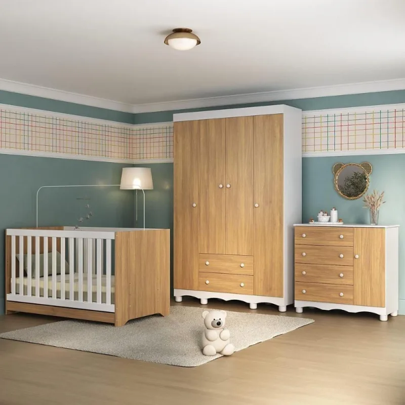 Quarto De Bebê Completo Com Berço Americano 3 Em 1 Dengo Multimóveis MP4584 Branco-madeirado - OUTRAS - Móveis