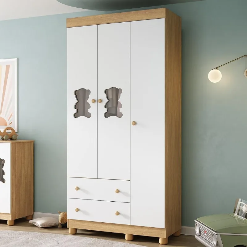 Guarda-roupa Infantil 92cm com Vidro 3 Portas e 2 Gavetas Fofura Multimóveis MP4482