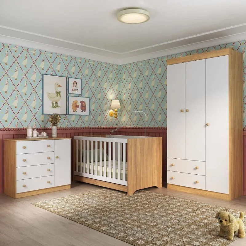 Quarto De Bebê Completo Com Berço Americano 3 Em 1 Encanto Multimóveis MP4589 Madeirado-branco - OUTRAS - Móveis