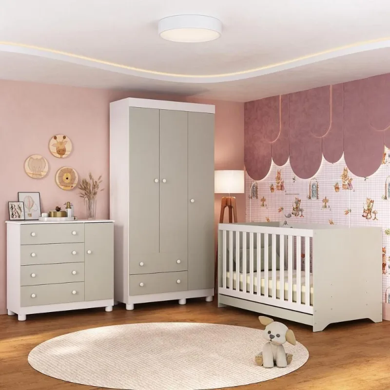 Quarto De Bebê Completo Com Berço Americano 3 Em 1 Allegra Multimóveis MP4590 Branco-off White - OUTRAS - Móveis