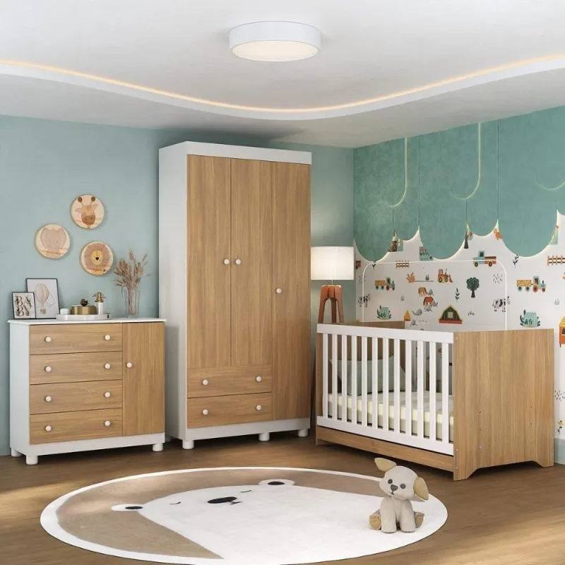 Quarto De Bebê Completo Com Berço Americano 3 Em 1 Allegra Multimóveis MP4590 Branco-madeirado - OUTRAS - Móveis