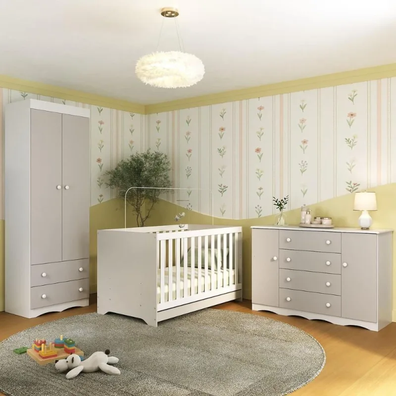 Quarto De Bebê Completo Com Berço Americano 3 Em 1 Realeza Multimóveis MP4595 Branco-off White - OUTRAS - Móveis