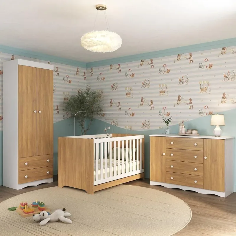Quarto De Bebê Completo Com Berço Americano 3 Em 1 Realeza Multimóveis MP4595 Branco-madeirado - OUTRAS - Móveis