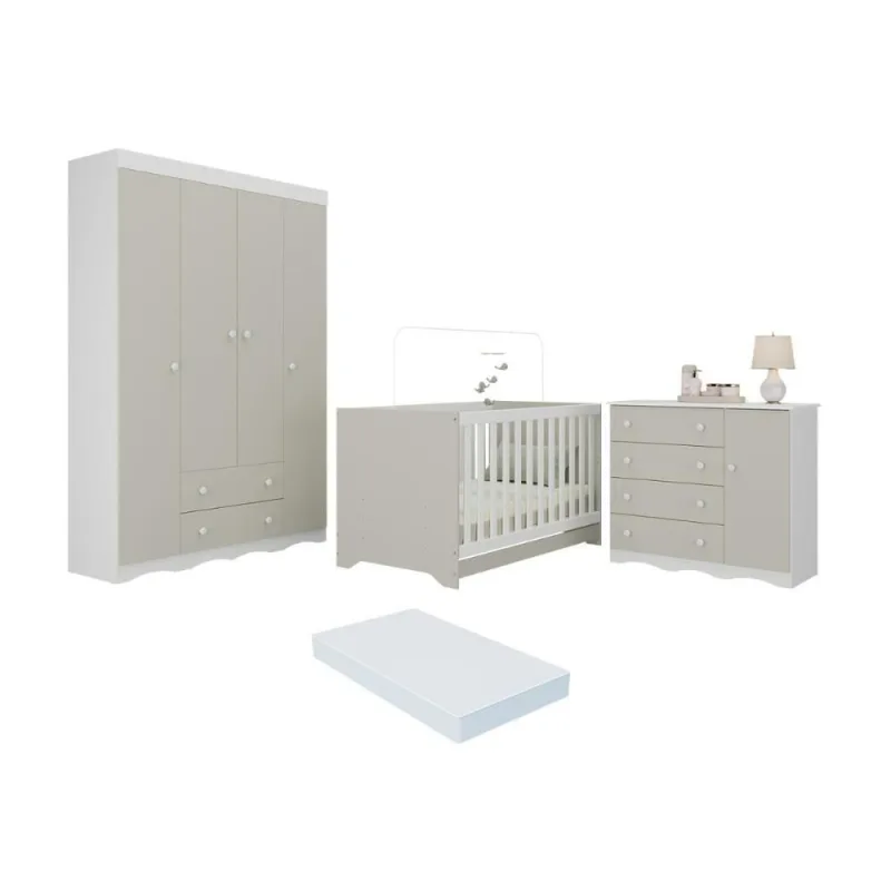 Quarto De Bebê Completo Berço Americano 3 Em 1 Colchão Realeza Multimóveis MP4599 Branco-off White - OUTRAS - Móveis
