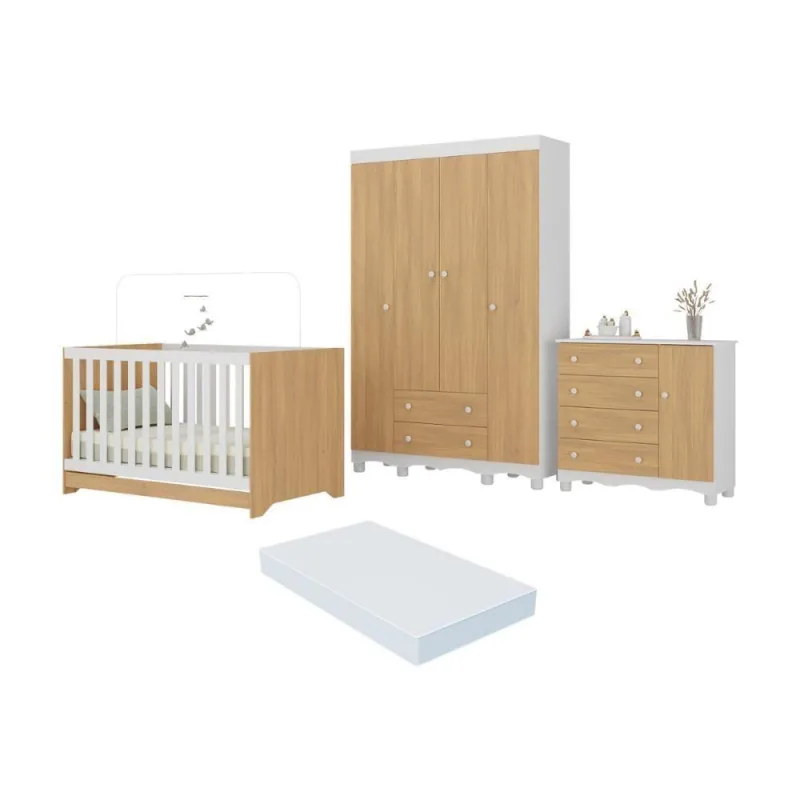 Quarto De Bebê Completo Berço Americano 3 Em 1 Colchão Dengo Multimóveis MP4600 Branco-madeirado - OUTRAS - Móveis