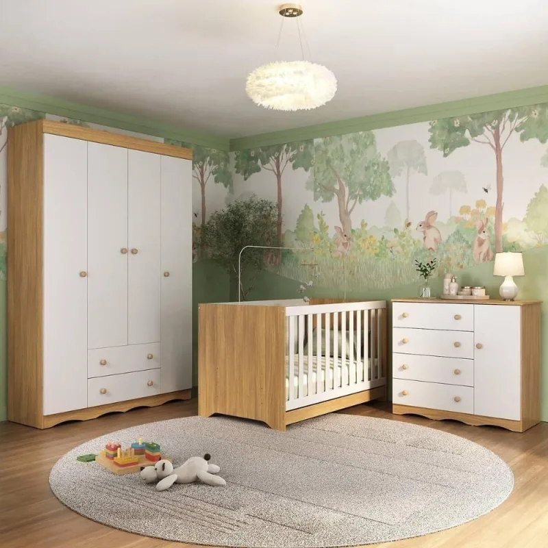 Quarto De Bebê Completo Berço Americano 3 Em 1 Colchão Realeza Multimóveis MP4599 Madeirado/branco - OUTRAS - Agro