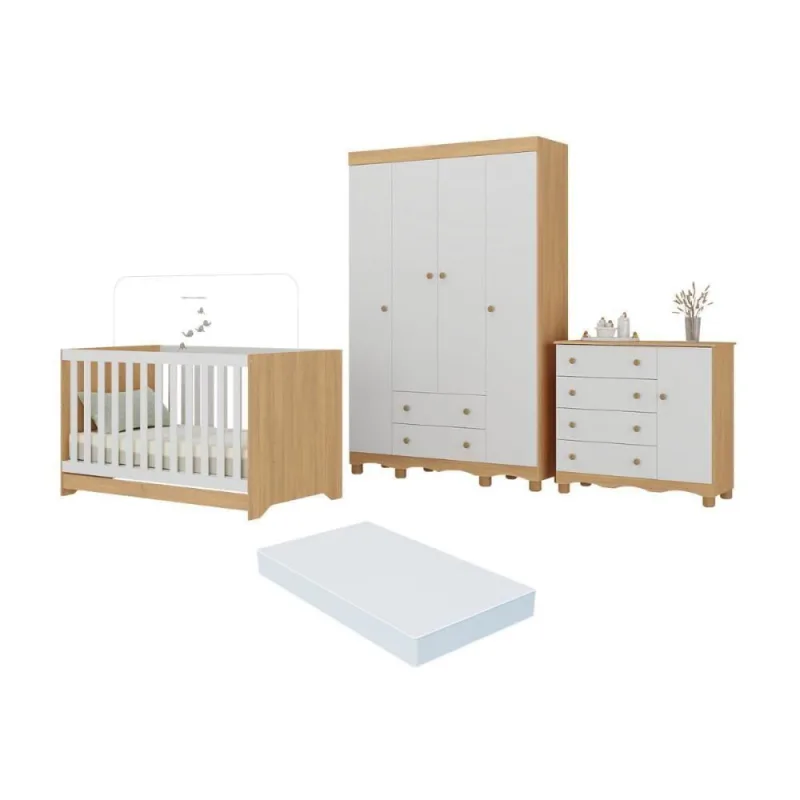 Quarto De Bebê Completo Berço Americano 3 Em 1 Colchão Dengo Multimóveis MP4600 Madeirado-branco - OUTRAS - Móveis