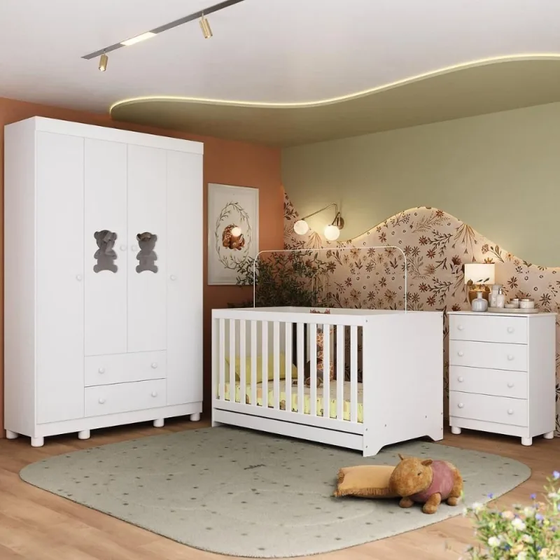Quarto De Bebê Completo Com Berço Americano 3 Em 1 Fofura Multimóveis MP4649 Branco - OUTRAS - Móveis