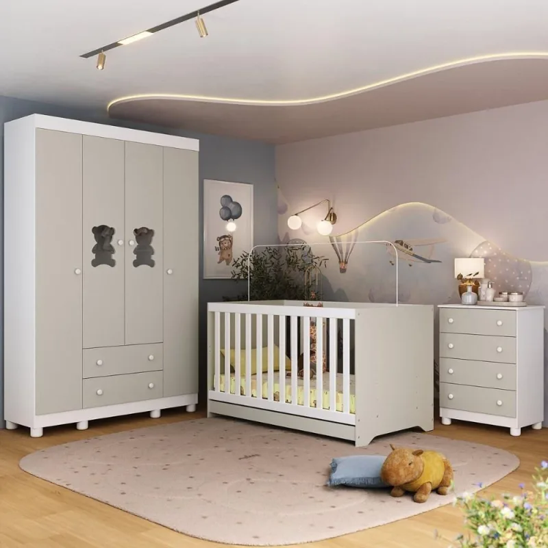 Quarto De Bebê Completo Com Berço Americano 3 Em 1 Fofura Multimóveis MP4649 Branco-off White - OUTRAS - Móveis