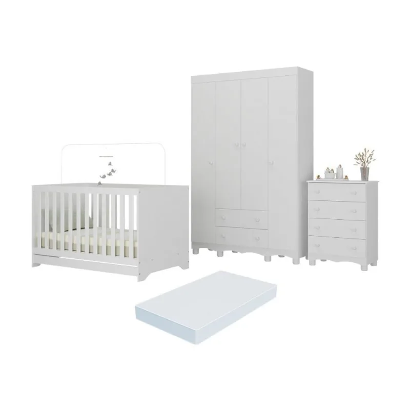 Quarto De Bebê Completo Berço Americano 3 Em 1 Colchão Dengo Multimóveis MP4604 Branco - OUTRAS - Móveis