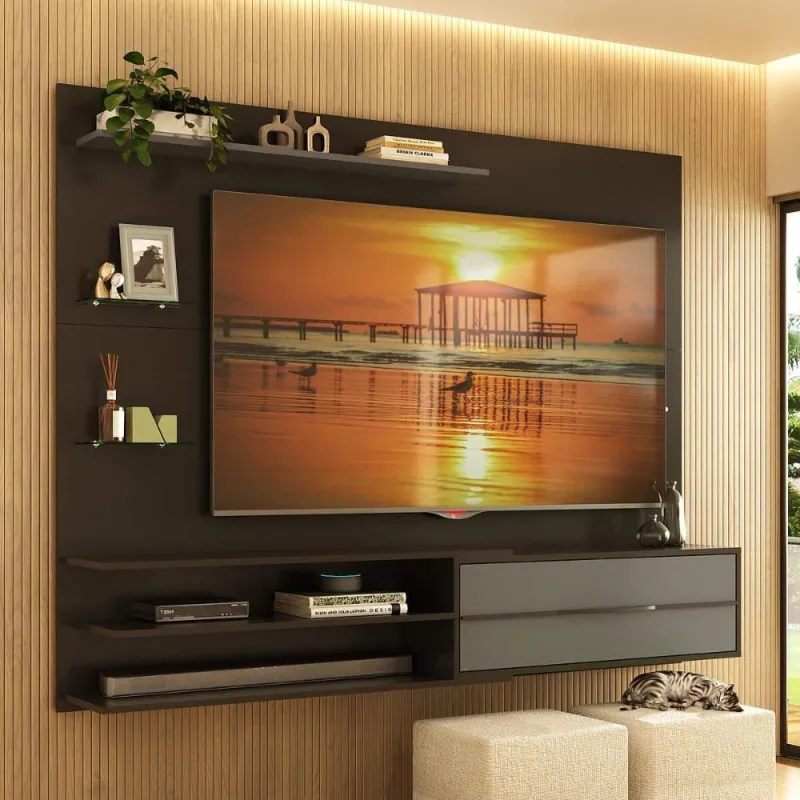 Painel Para Tv Até 65 Polegadas 1 Porta E Prateleiras Multimóveis MP1064 Preto-grafite - OUTRAS - Móveis