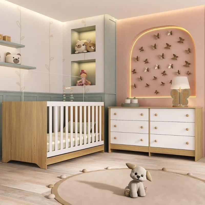 Berço Americano 3 Em 1 Para Colchão 130x70cm Com Cômoda Caramelo Multimóveis MP4677 Madeirado-branco - OUTRAS - Bebês