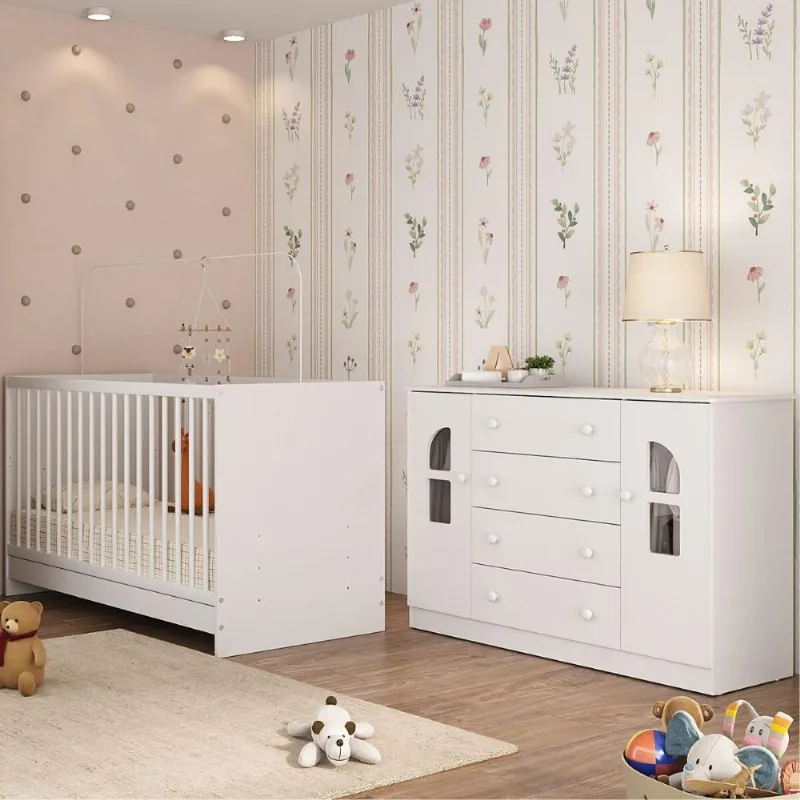 Berço 3 em 1 para Colchão 130x60cm com Cômoda 2 Portas 4 Gavetas Amora Multimóveis MP4763