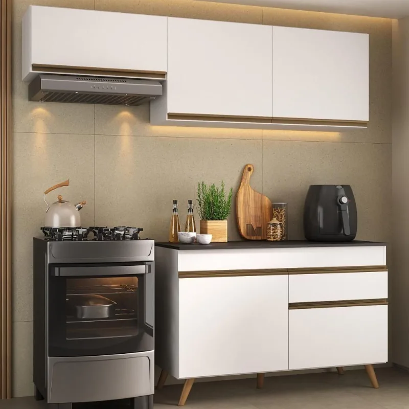 Armário Cozinha Modulada Compacta Com Balcão 3 Peças Veneza Multimóveis Mp3765 Branco/dourado - OUTRAS - Móveis