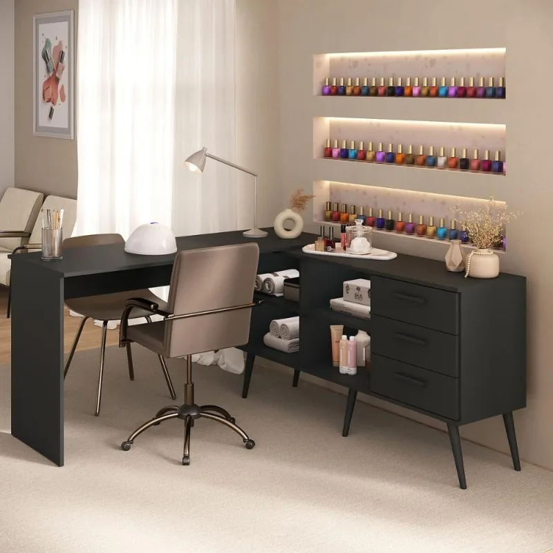 Mesa De Manicure Profissional Em L Com 3 Gavetas Jady Multimóveis Mp6041 Preto - OUTRAS - Cama, Mesa E Banho