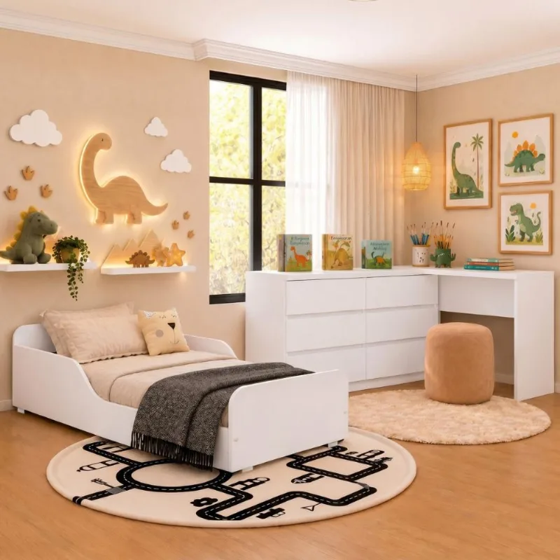 Kit Cama Infantil Montessoriana com Escrivaninha e Colchão Incluso Dino Multimóveis MP4820