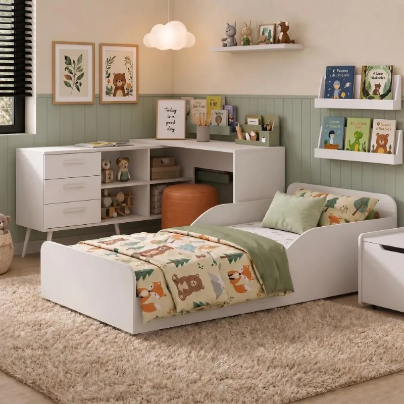 Kit Cama Infantil Montessoriana com Escrivaninha e Colchão Incluso Aura Multimóveis MP4822