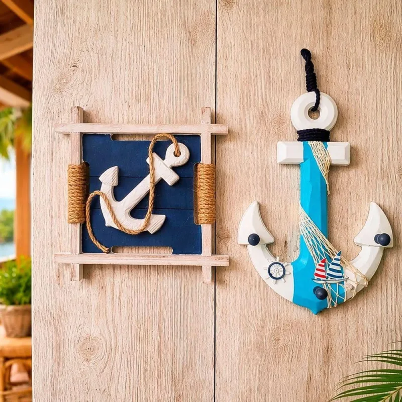 Kit Quadro Decorativo Náutico Âncora Quadrado 27cm e Âncora 35cm Azul e Branco Ancora - ANCORA - Casa E Construção