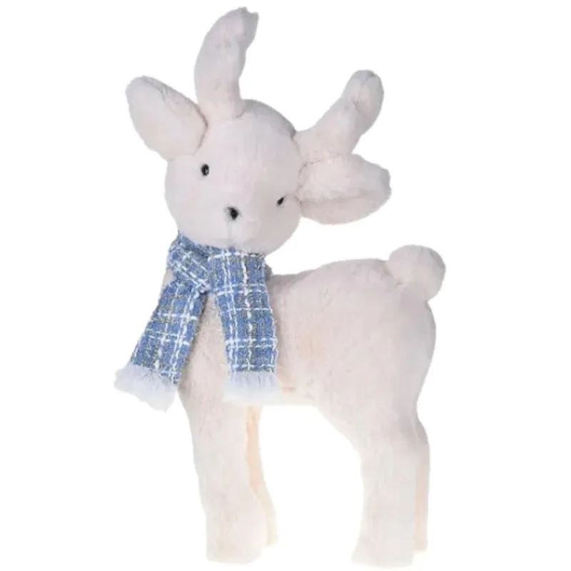 Decoração Natal de Luxo Rena Pelucia Branca 40cm com Cachecol Xadrez Azul