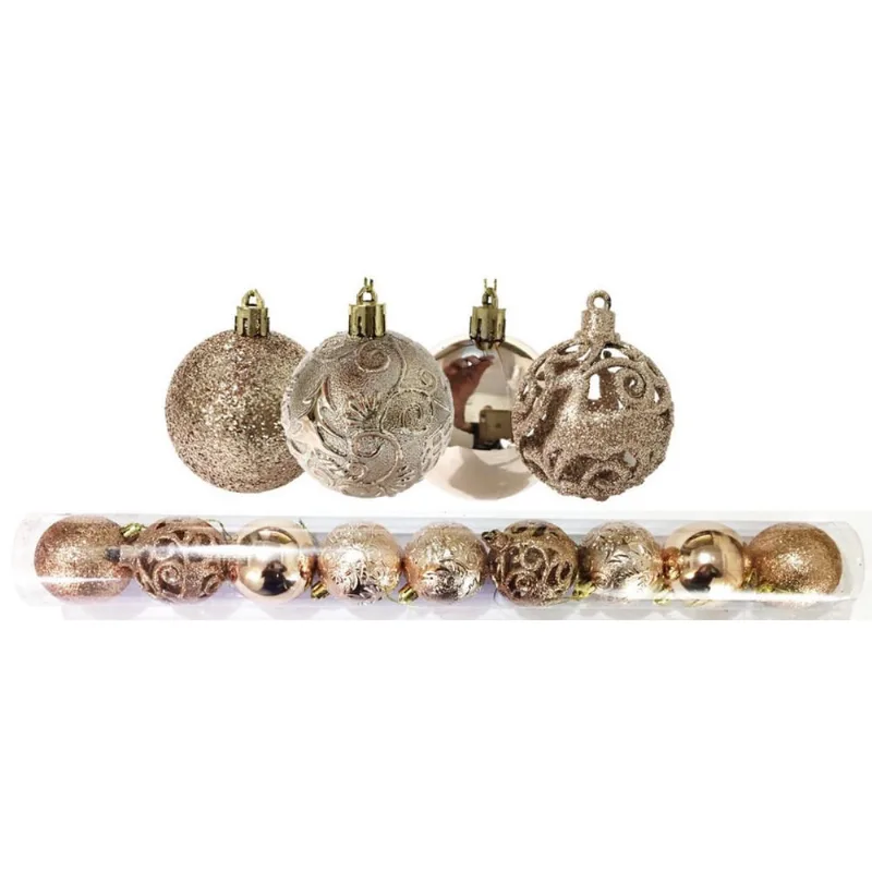 Kit 9 Bolas Natal Mista Textura Arabescos Rena Champagne 6cm