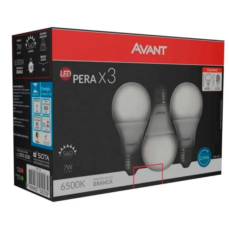 Lâmpada Led Avant Pera 7W Branca c/ 3 Bivolt