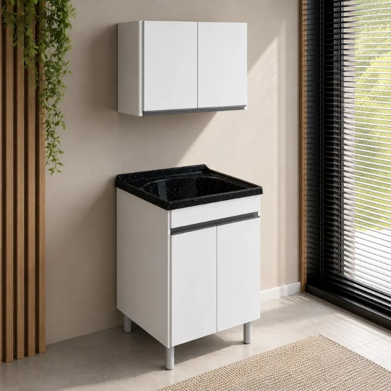 Kit Lavanderia Com Tanque e Aéreo 2 Portas Semi Montado Amélia Rorato 57,5cm | Branco/Preto
