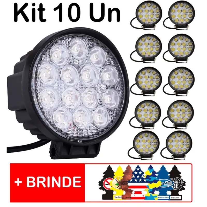 Kit 10 Farol De Milha Redondo Universal 14 Led 42w 10v/30v 6000k Off road Branco Frio Trator Carro Moto Caminhão + Brinde - Não Disponível - Automotivo