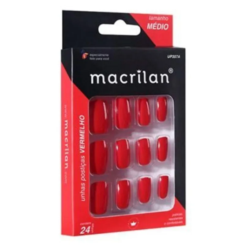 Macrilan Unhas Postiças Tamanho Médio Vermelho Up307A (24 Unidades)