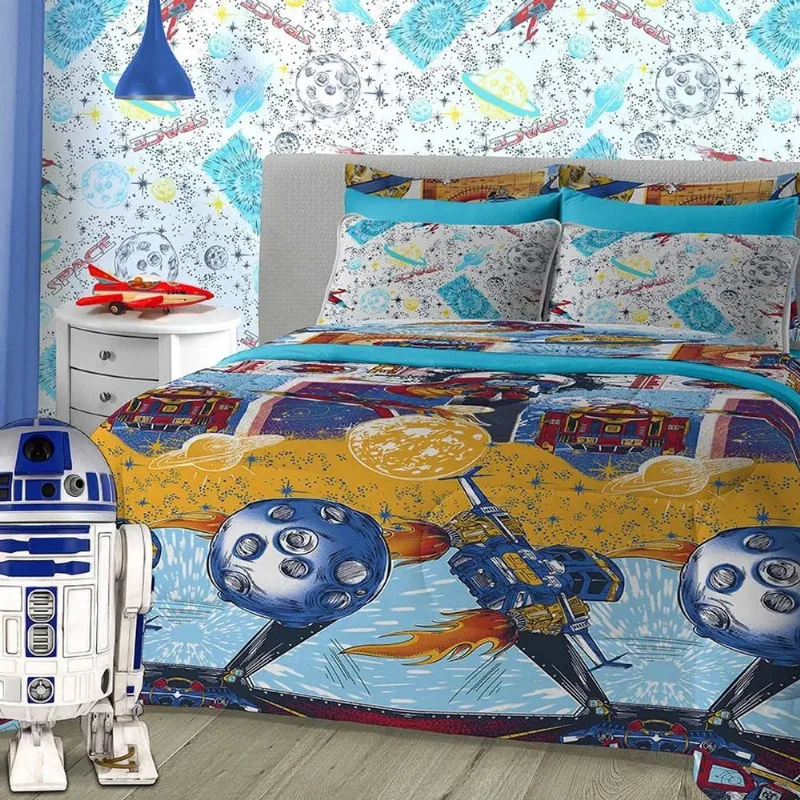Kit Cobre Leito SulBrasil Casal Malha 100% Algodão Estampado Kids em Matelasse Space 2,00mx2,20m Azul