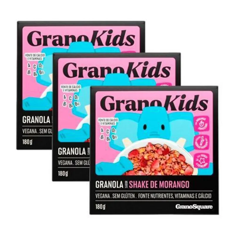 Kit 3X: Granola Granokids Shake Morango Sem Glúten