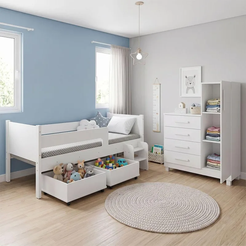 Quarto Infantil Luna Plus com Cama e Comoda Versatil em MDP MDF Branco Luna - LUNA - Agro