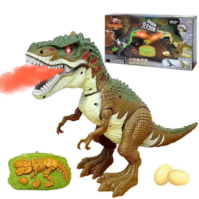 Dinossauro T-Rex 40cm Controle Remoto Solta Rugido Bota Ovo Luz Solta Fumaça