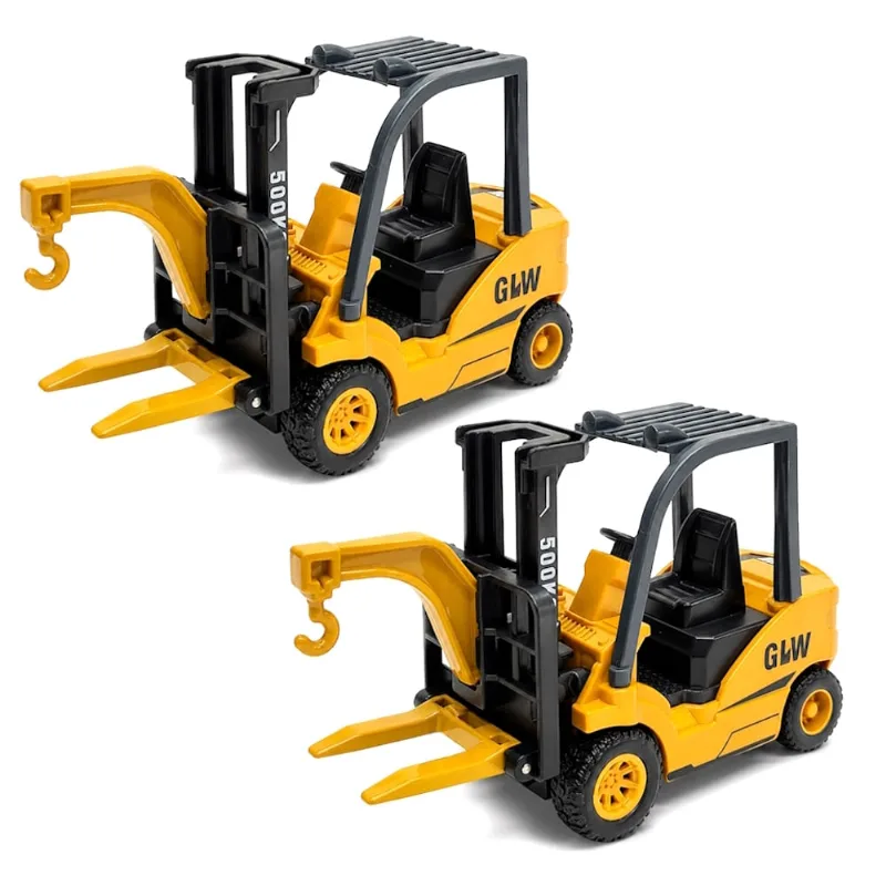 2 Miniatura Empilhadeira 12cm Gancho Dentes de Metal Pneus de Borracha p/ Coleção