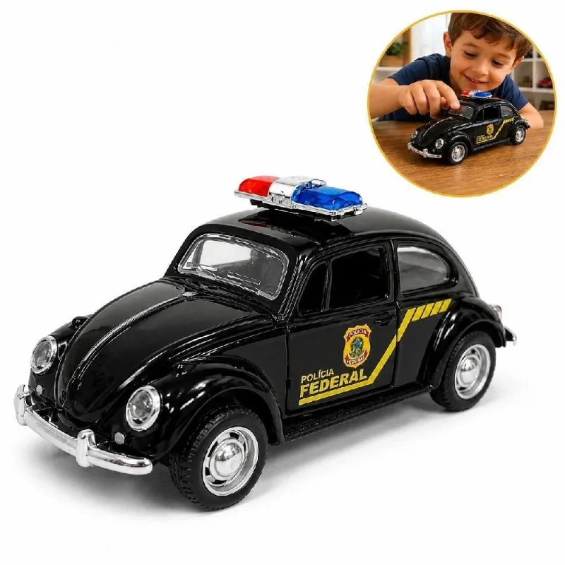 Miniatura Colecionável Fusca Policia Federal com Fricção e Portas Que Abrem Preto 1:36