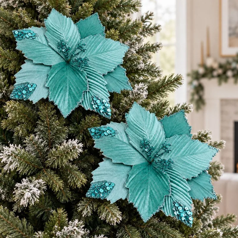 Flores Natalina Artificial Camurça Azul Enfeite 28cm 6 Peças - Genérico - Natal