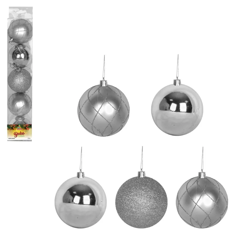 Kit Bolas de Natal Luxxor Prata 7cm com 5 Peças