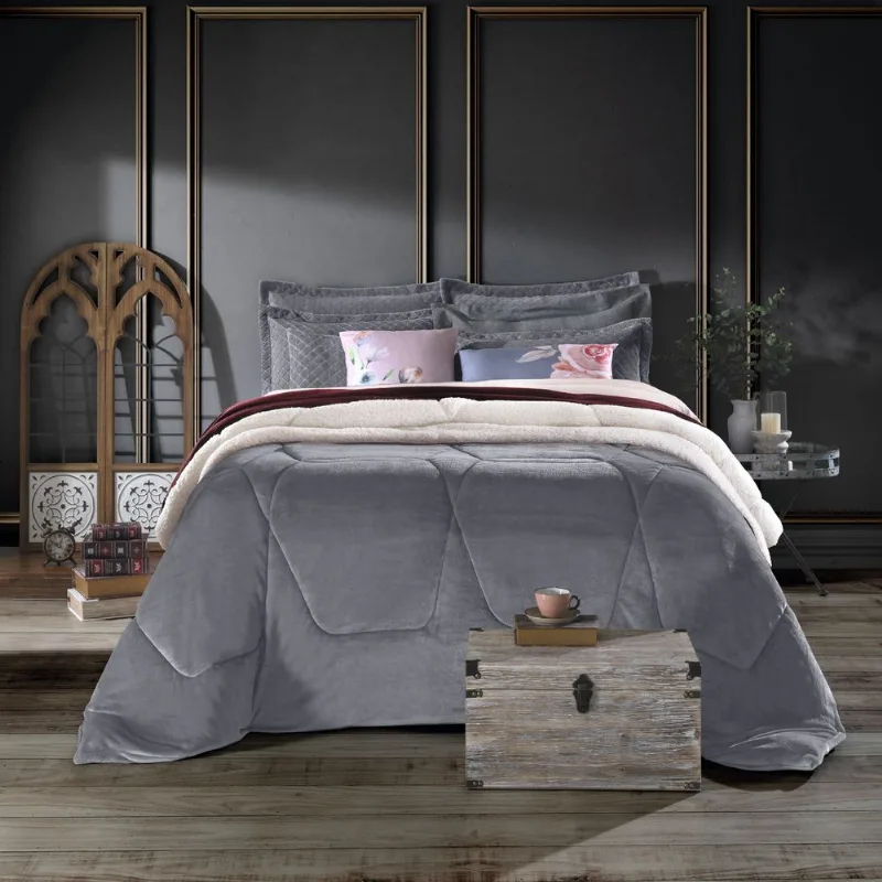 Edredom Plush Sherpa Queen 240cm X 260cm Cinza Cromo Hedrons