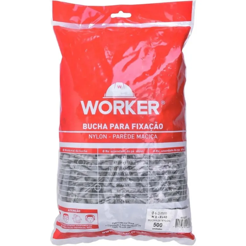 Bucha 8 Nylon 40mm Para Parede Maciça 500 Peças Worker