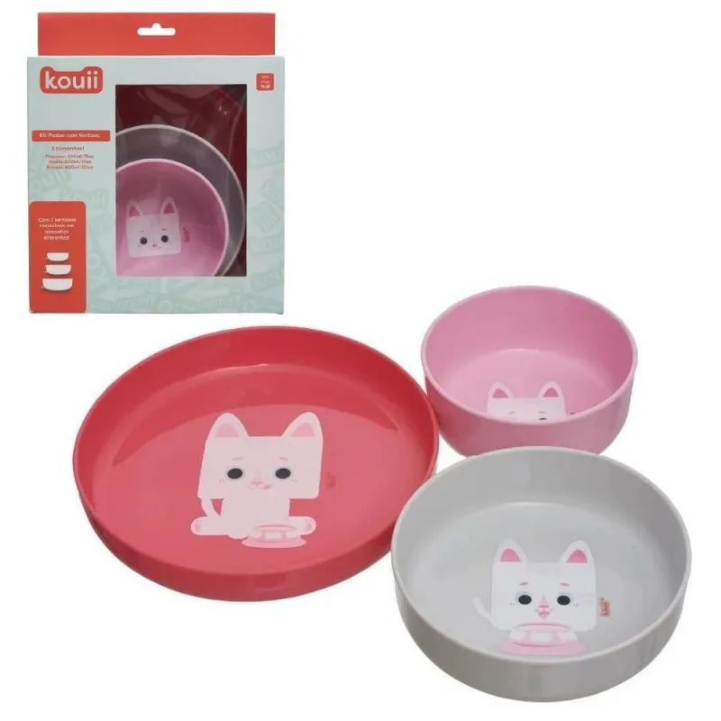 Kit 3 Pratos Com Ventosa Kouii Filhotiis Gata Mia