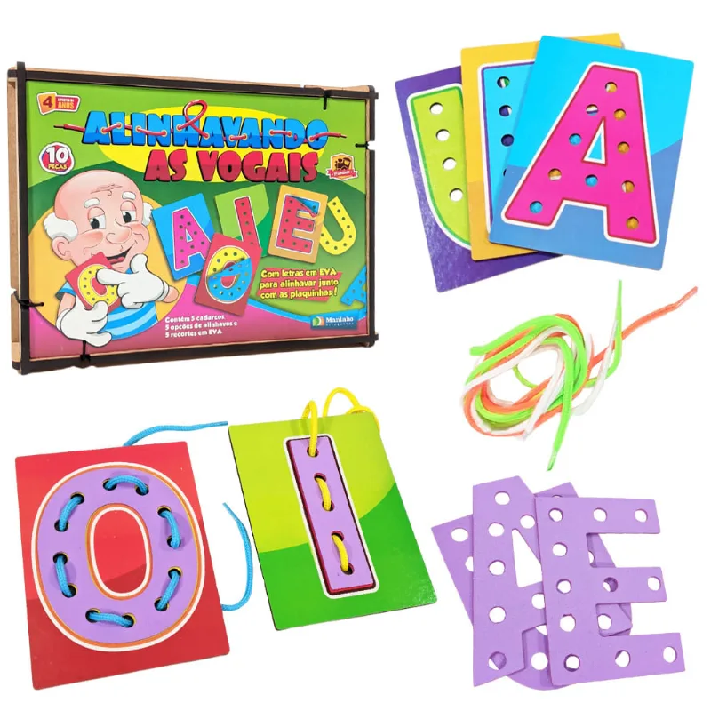 Alinhavo Educativo De Vogais Brinquedo Madeira Mdf 10 Peças