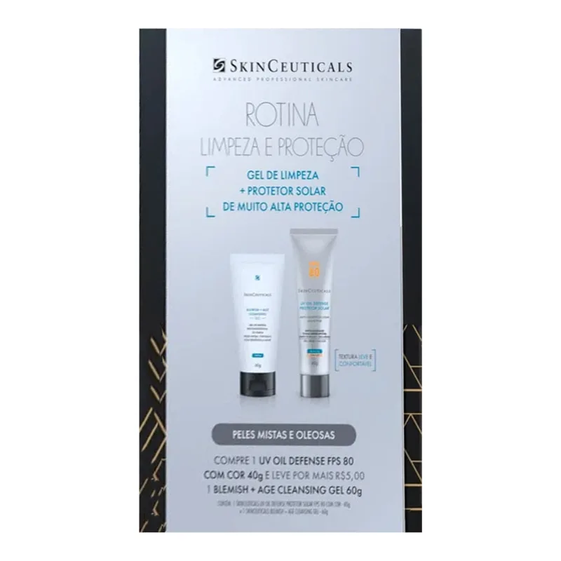 Kit Protetor Solar Facial Skinceuticals UV OIL Defense FPS80 40g + Gel de Limpeza Blemish + Age Cleansing 60g