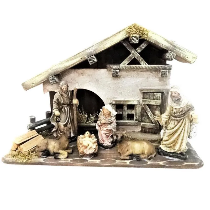 Presepio natalina em resina E estabulo em madeira - 7 pecas