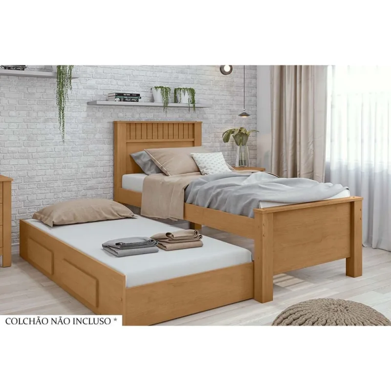 Cama Solteiro Athenas c/ 2 Gavetas e Auxiliar Rovere/Amêndoa - Lopas - Não Disponível - Móveis