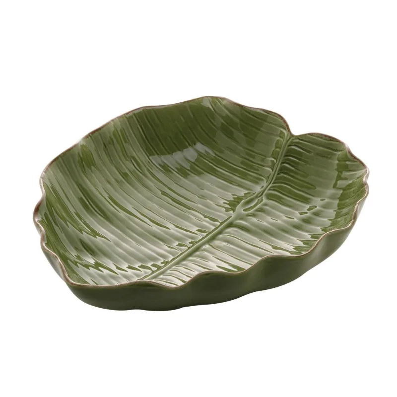 Travessa Decorativa De Cerâmica Folha Alocasia Verde 28,5x27cm Lyor