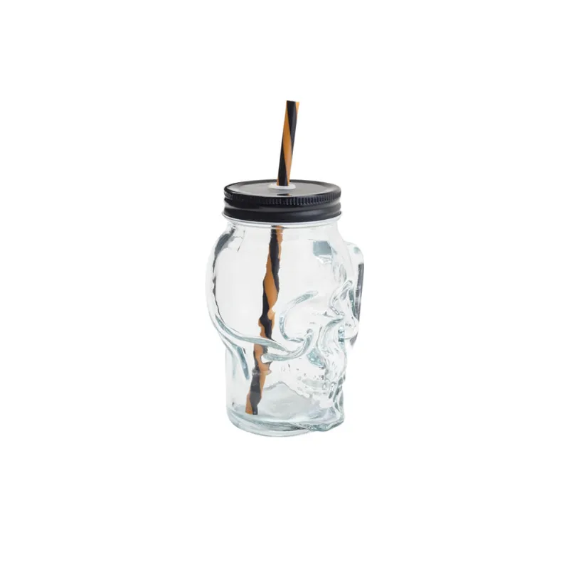 Copo em vidro com tampa e canudo Lyor Caveira Rock Style 450ml