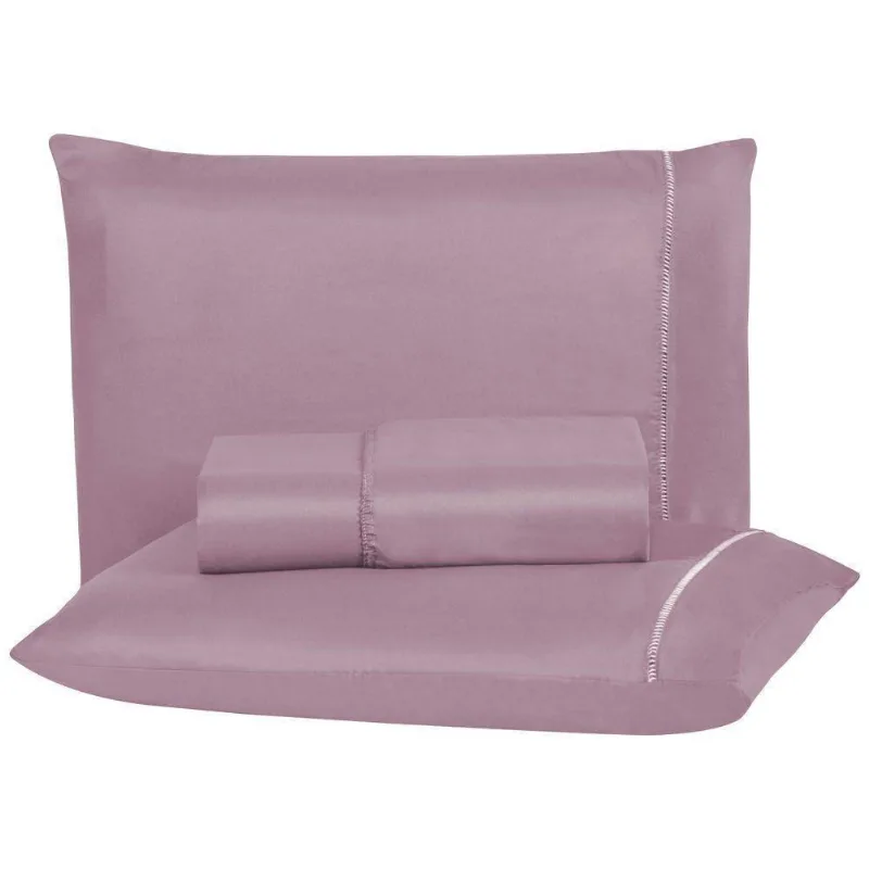 Jogo de Cama Casal Ponto Palito 3 Peças Micropercal 200 Fios Rosa Enxovais Aquarela